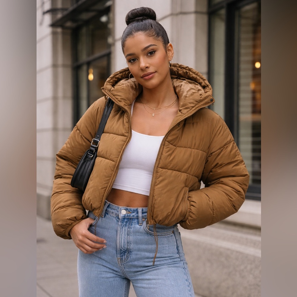 Tan puffer coat bubble jacket